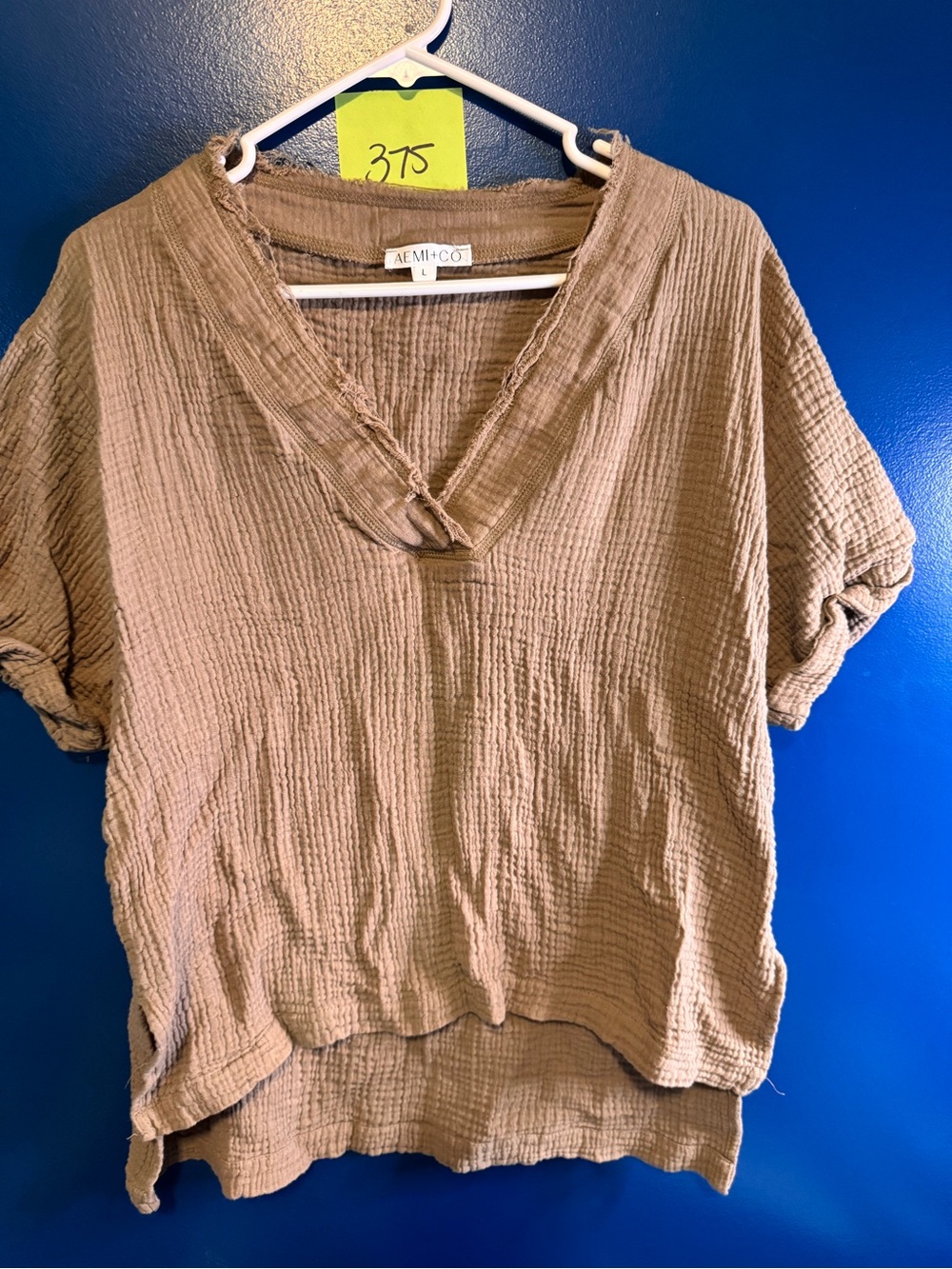 AEMI&CO Tan Crinkled V-Neck Short Sleeve Top